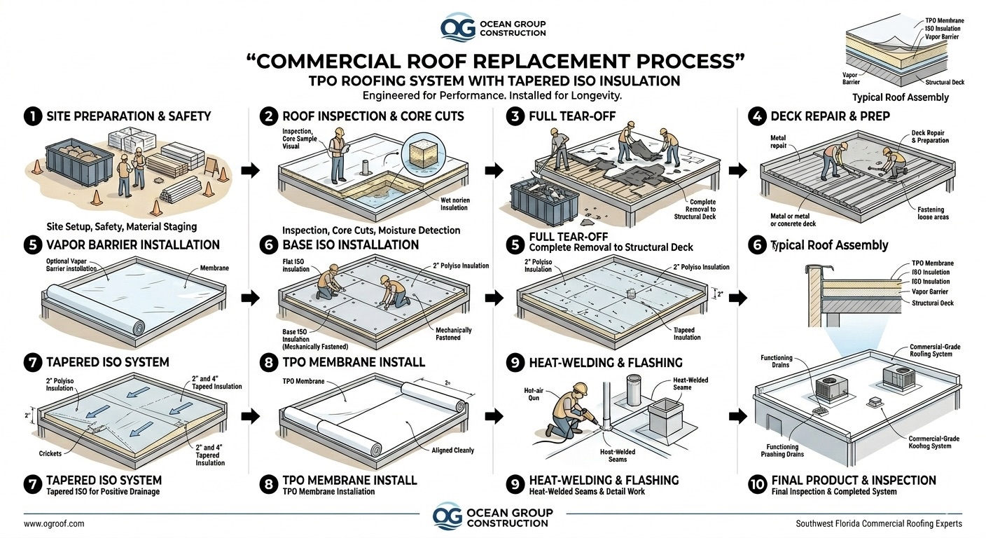 10-step commercial roof replacement process infographic: from site prep through final inspection with TPO and tapered ISO