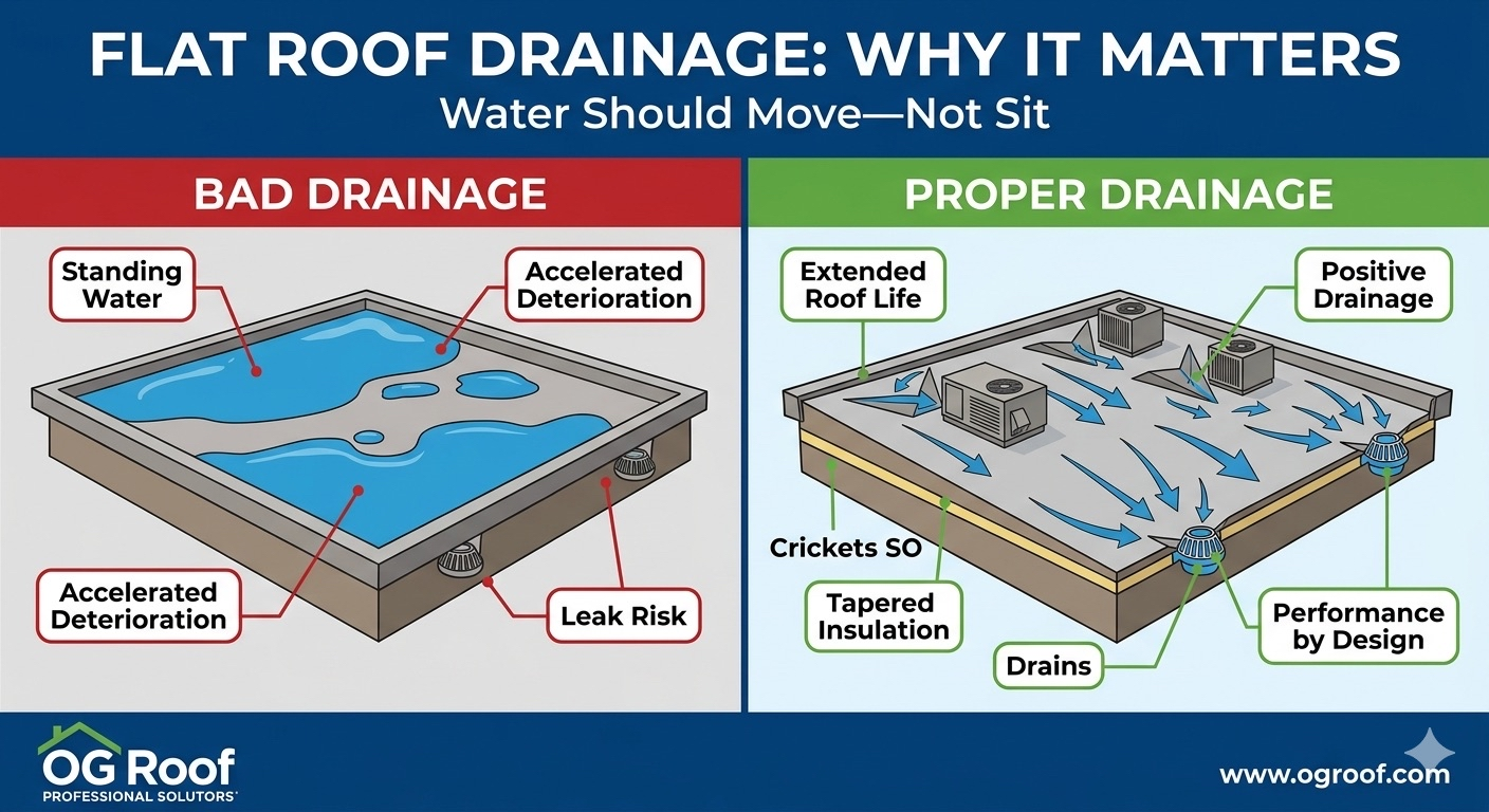 Flat roof drainage comparison: bad drainage with standing water vs. proper drainage with tapered insulation and crickets