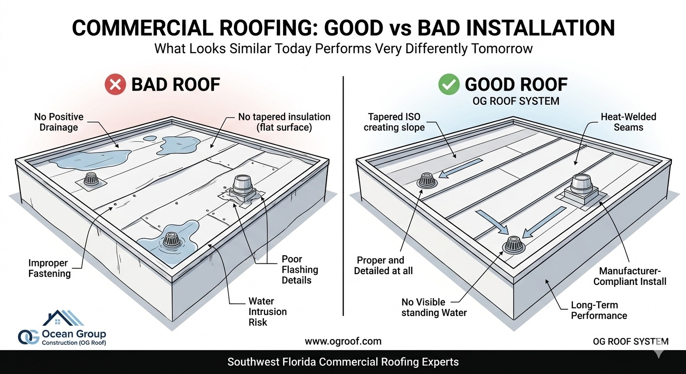 Side-by-side comparison of good vs bad commercial roof installation showing tapered ISO, heat-welded seams, and proper drainage