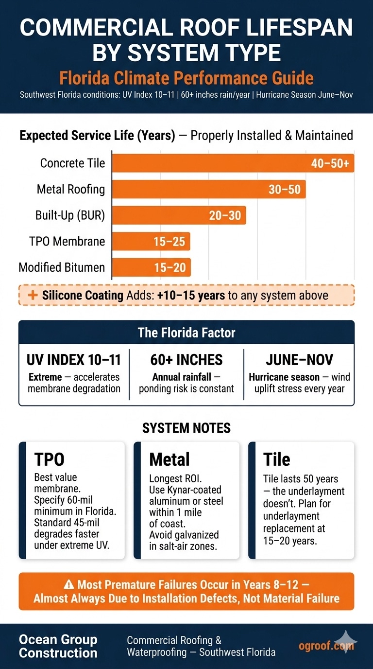 Commercial roof lifespan comparison chart by system type for Florida climate — TPO, metal, tile, BUR, modified bitumen