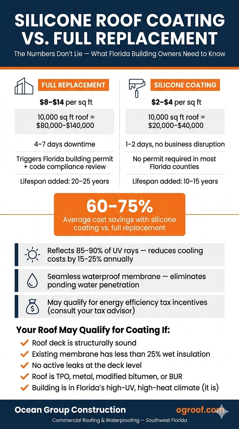 Silicone roof coating vs full replacement cost comparison chart for Florida commercial properties