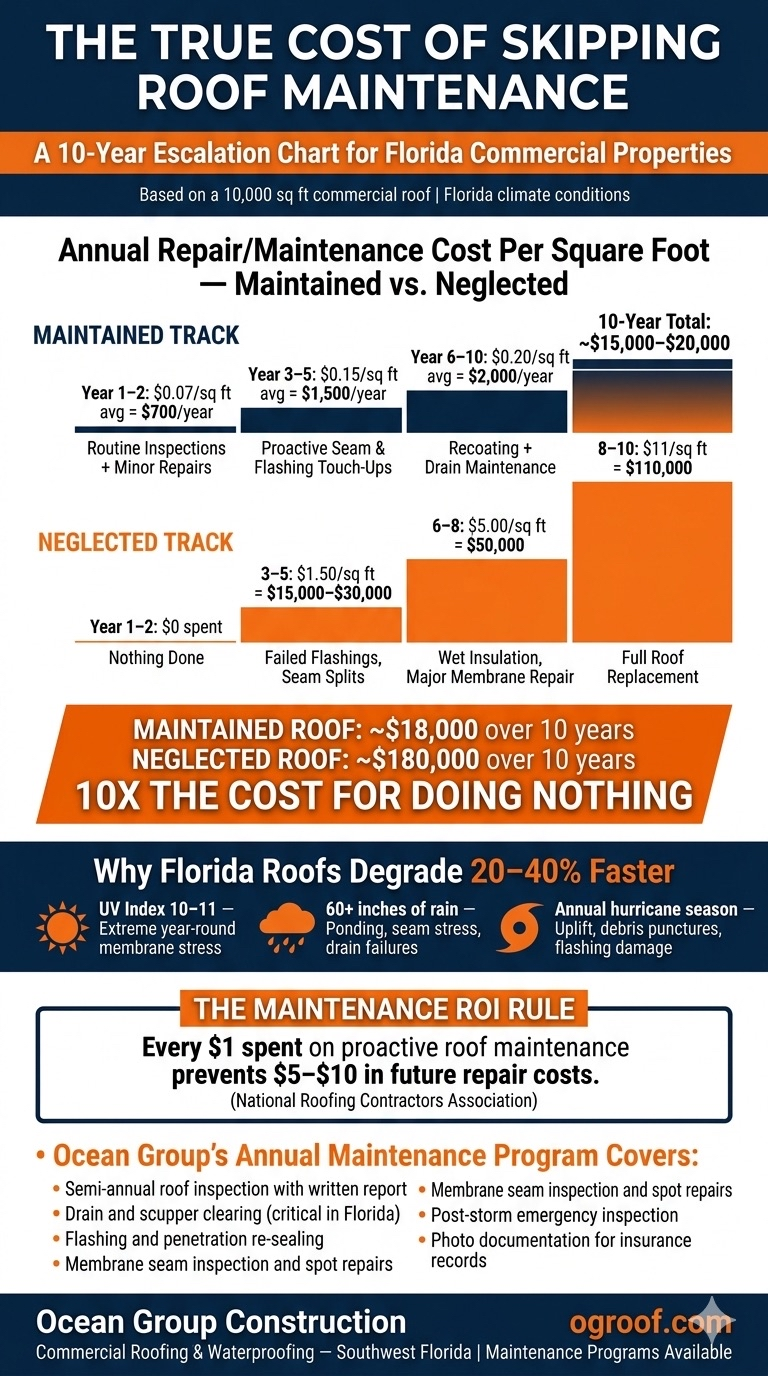10-year commercial roof maintenance cost escalation chart comparing maintained vs neglected Florida properties