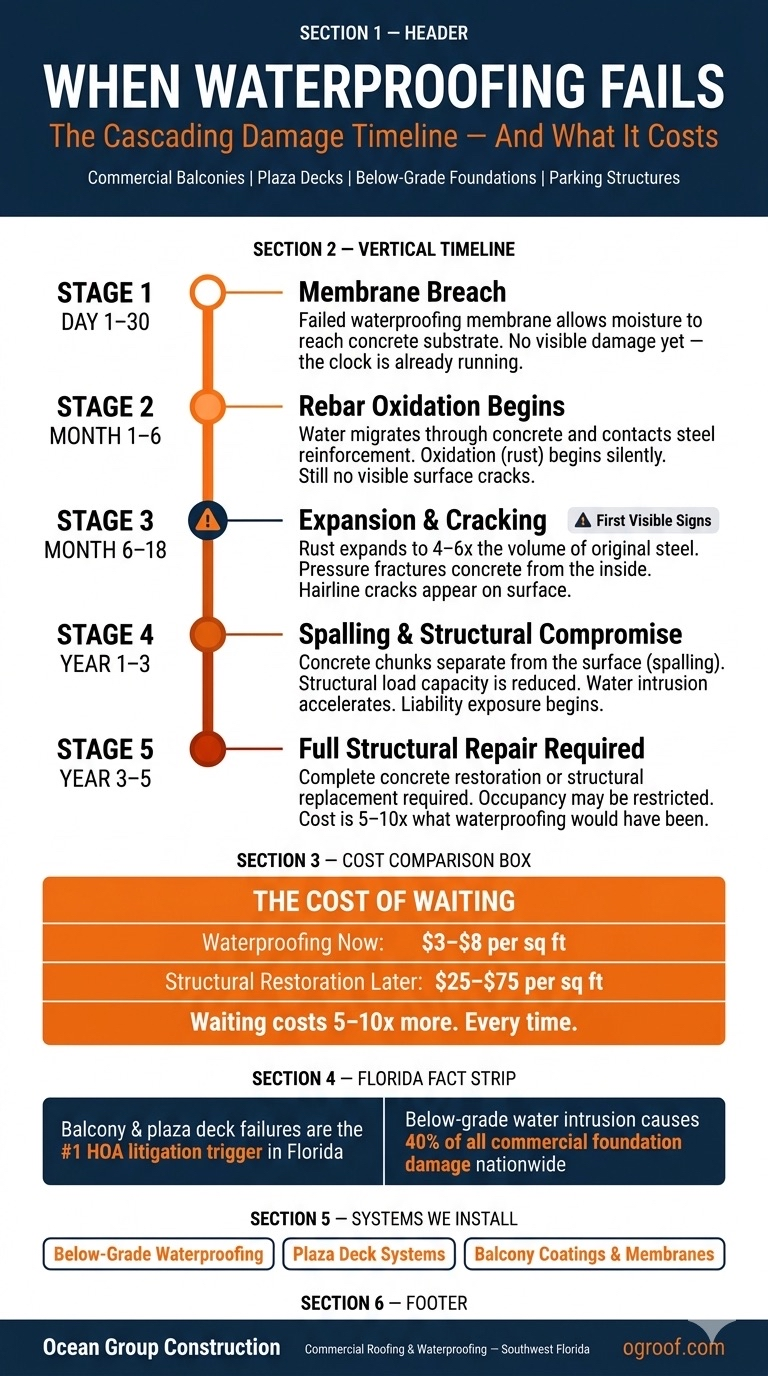 5-stage waterproofing failure cascade timeline showing damage progression from membrane breach to structural repair